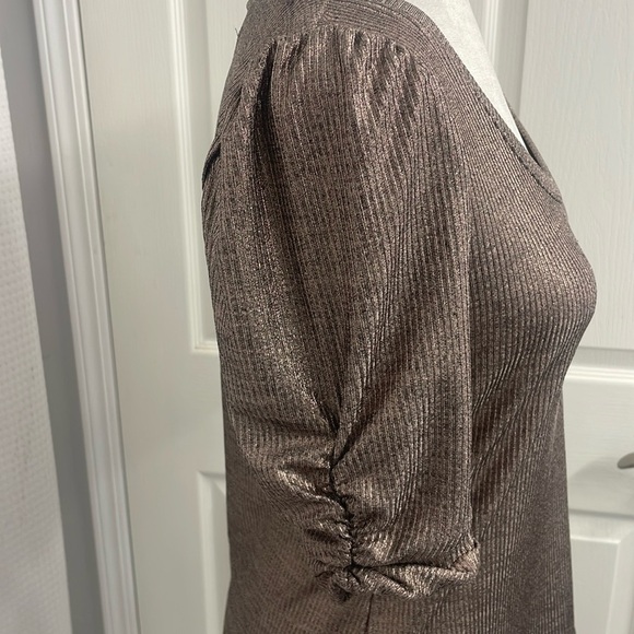 Maeve Gold Shimmer Blouse Short Puff Sleeve Ribbed Stretchy Fabric Size XS - Picture 4 of 12